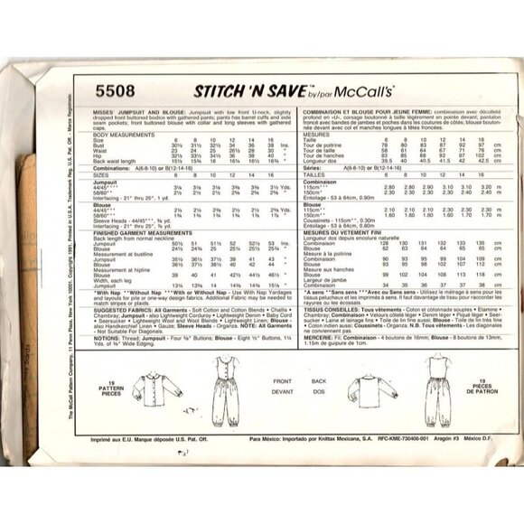 McCall's 5508 Misses 6 to 10 Jumpsuit and Top Vintage Uncut Sewing Pattern 1991 - Picture 2 of 2